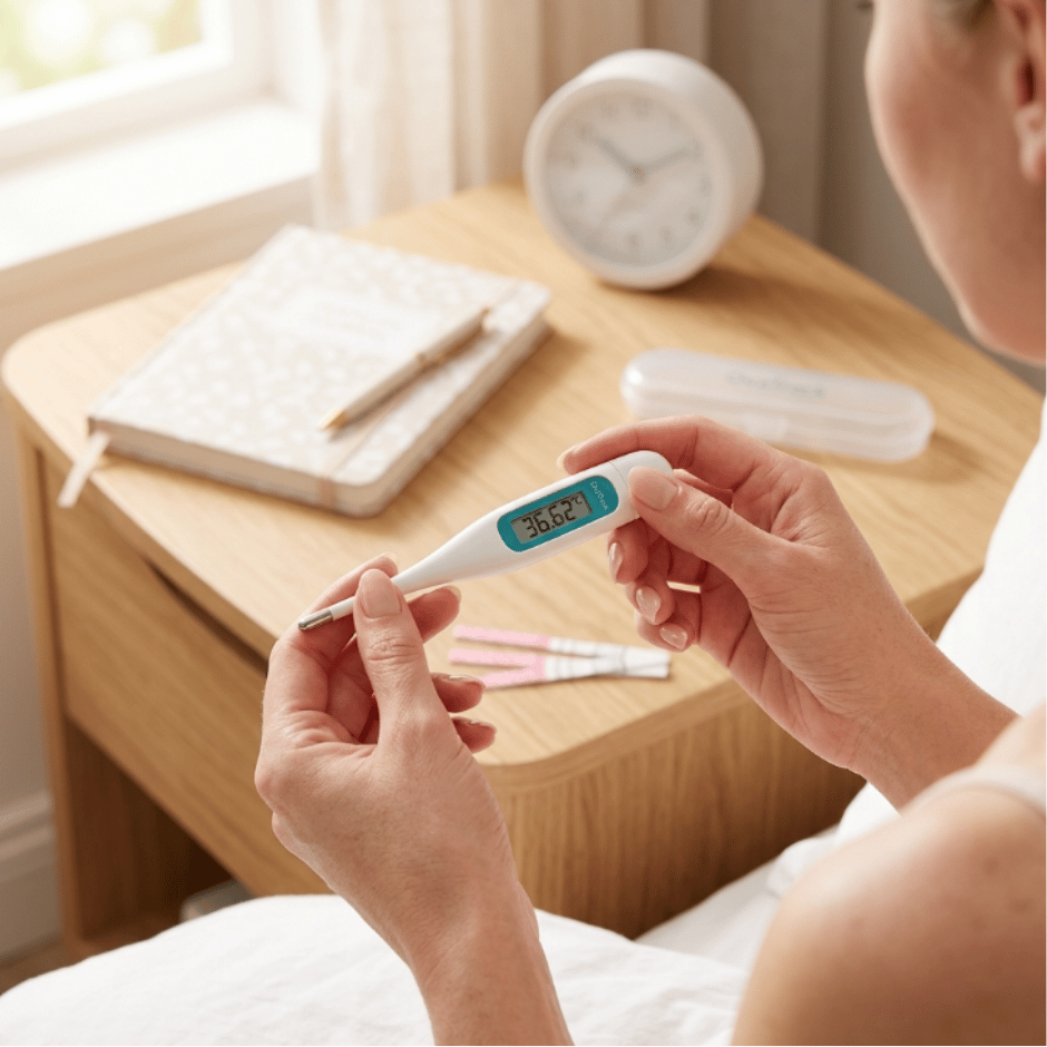 A close-up of a person holding a Basal body thermometer showing '36.62°C' in a bedroom setting next to a wooden nightstand with a notebook and clock with unused ovulation test strips on the table